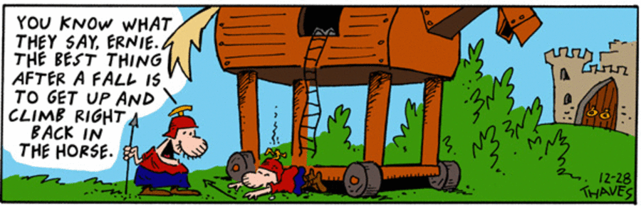 A man falls off a Trojan horse while another man advises him to get back on.