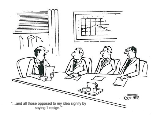 Businessman demands resignation from dissenters in a meeting, with a declining graph on the wall.