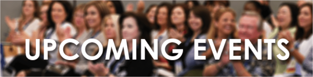 "Upcoming Events" text overlayed on a blurred image of people clapping in a conference or meeting.