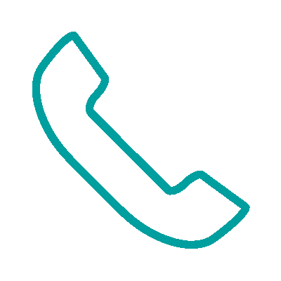 Teal outline of a classic telephone handset icon on a black background.