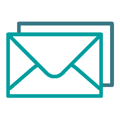 Two overlapping envelopes icon in teal and blue, representing email or mail.