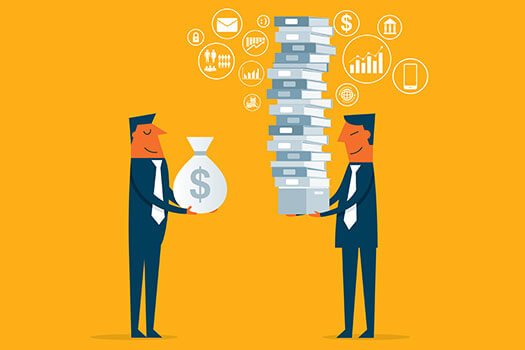 Two businessmen exchange a money bag for a tall stack of documents, with business icons above.
