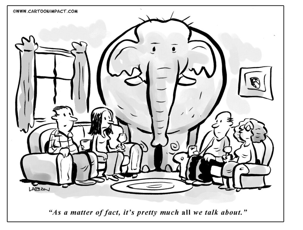 A giant elephant looms behind a group of people sitting in an intimate living room setting, discussing the elephant.